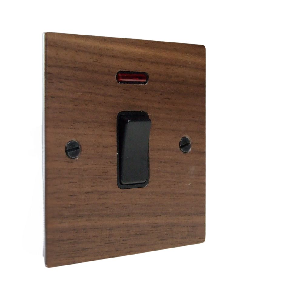 Walnut Veneer Double Pole Switch Black with Neon