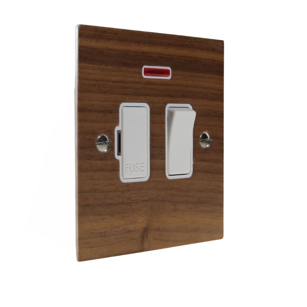 Walnut Veneer Switch Fuse Spur White with Neon