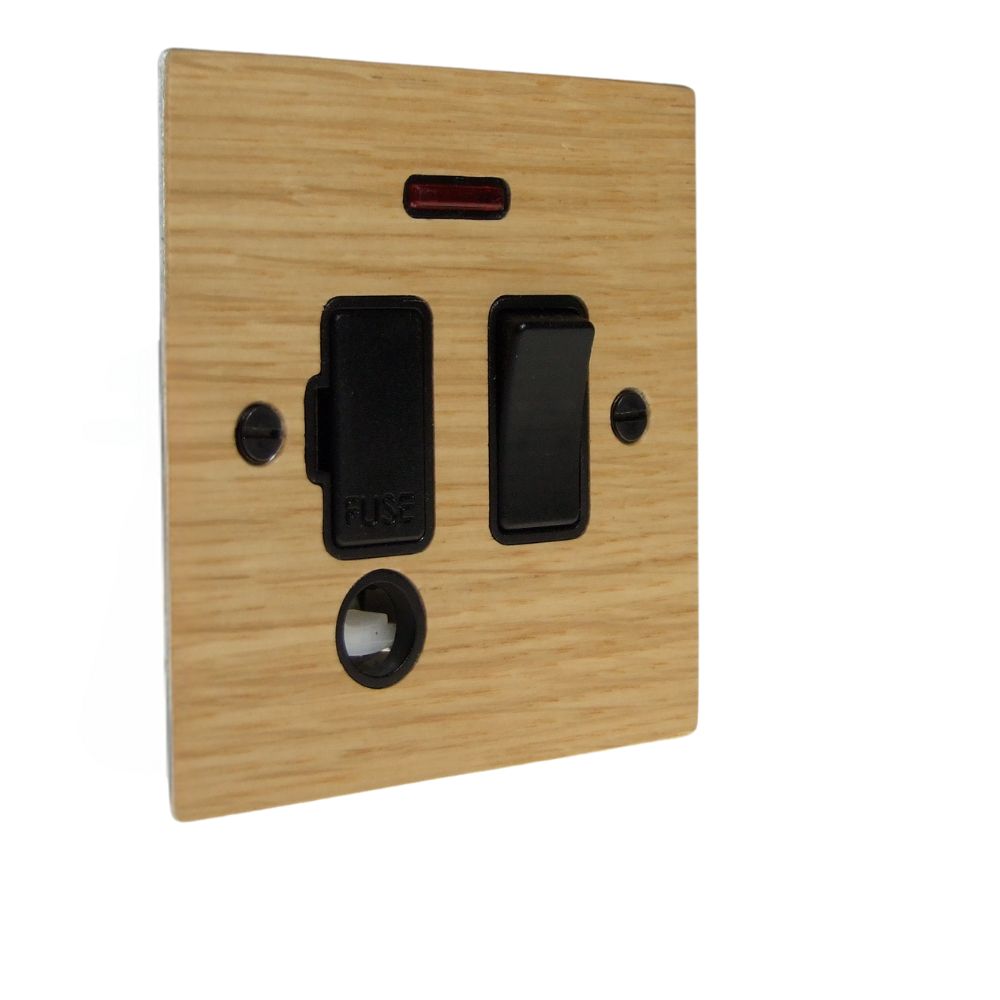Oak Veneer Switch Fuse Spur Black with Neon and Cord Outlet