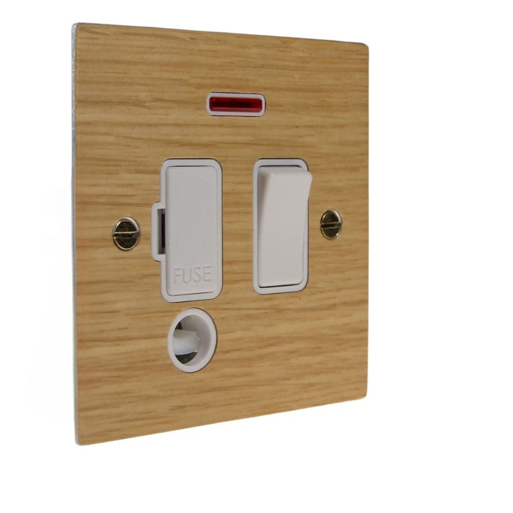 Oak Veneer Switch Fuse Spur White with Neon and Cord Outlet