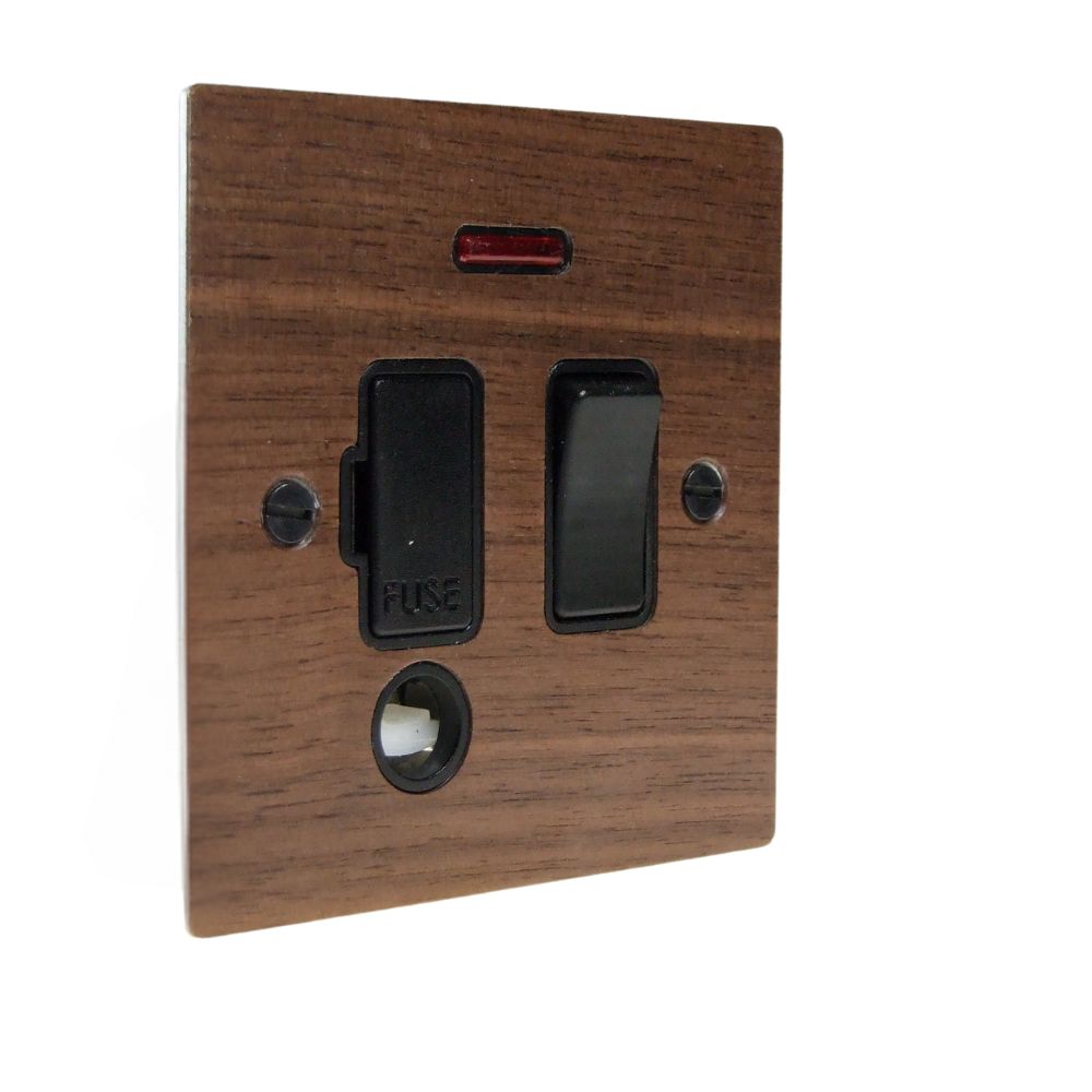 Walnut Veneer Switch Fuse Spur Black with Neon and Cord Outlet