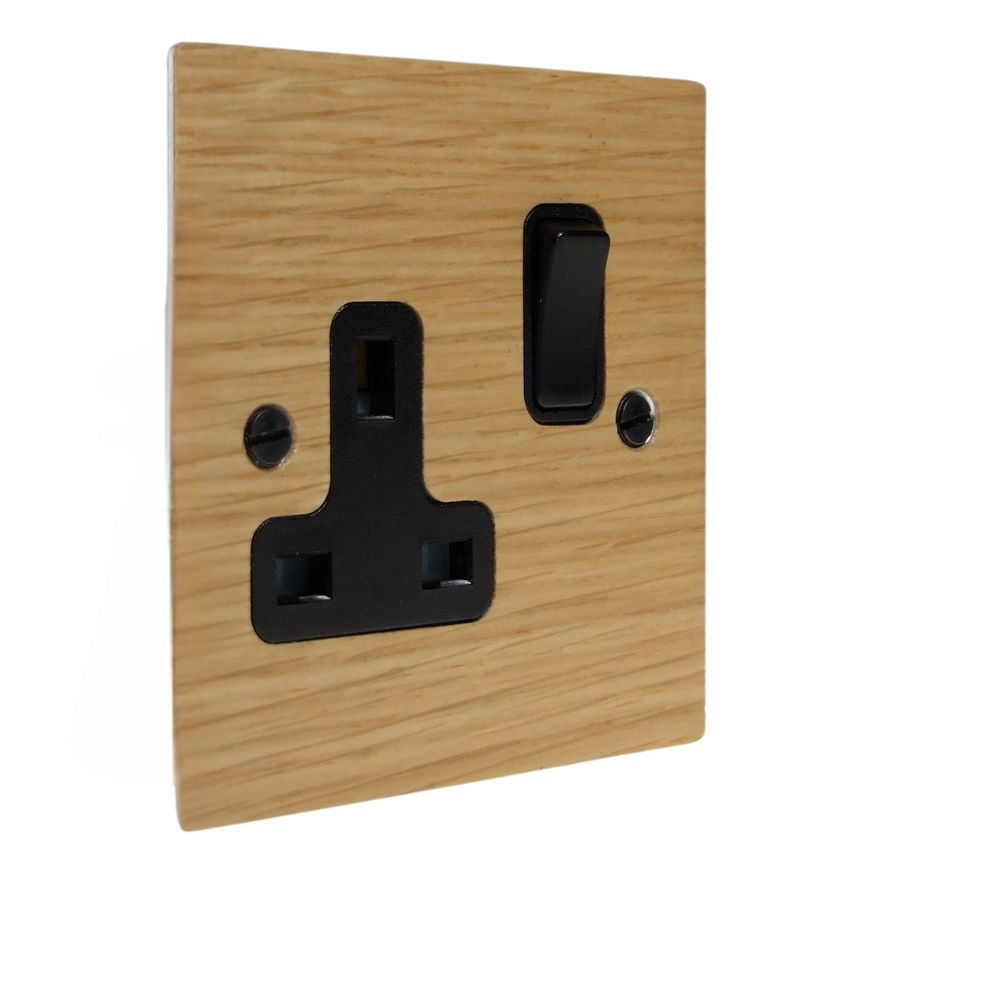 Oak Veneer Single Switched Socket Black