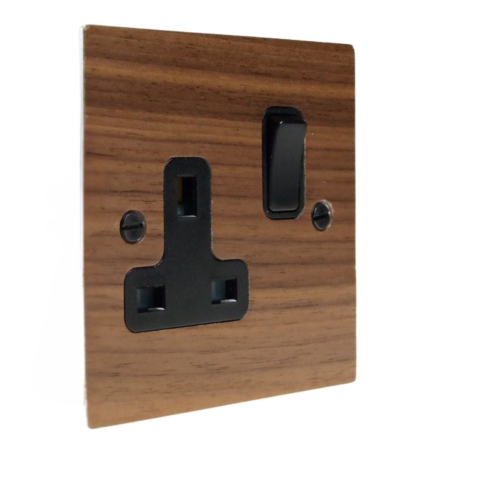 Walnut Veneer Single Switched Socket Black