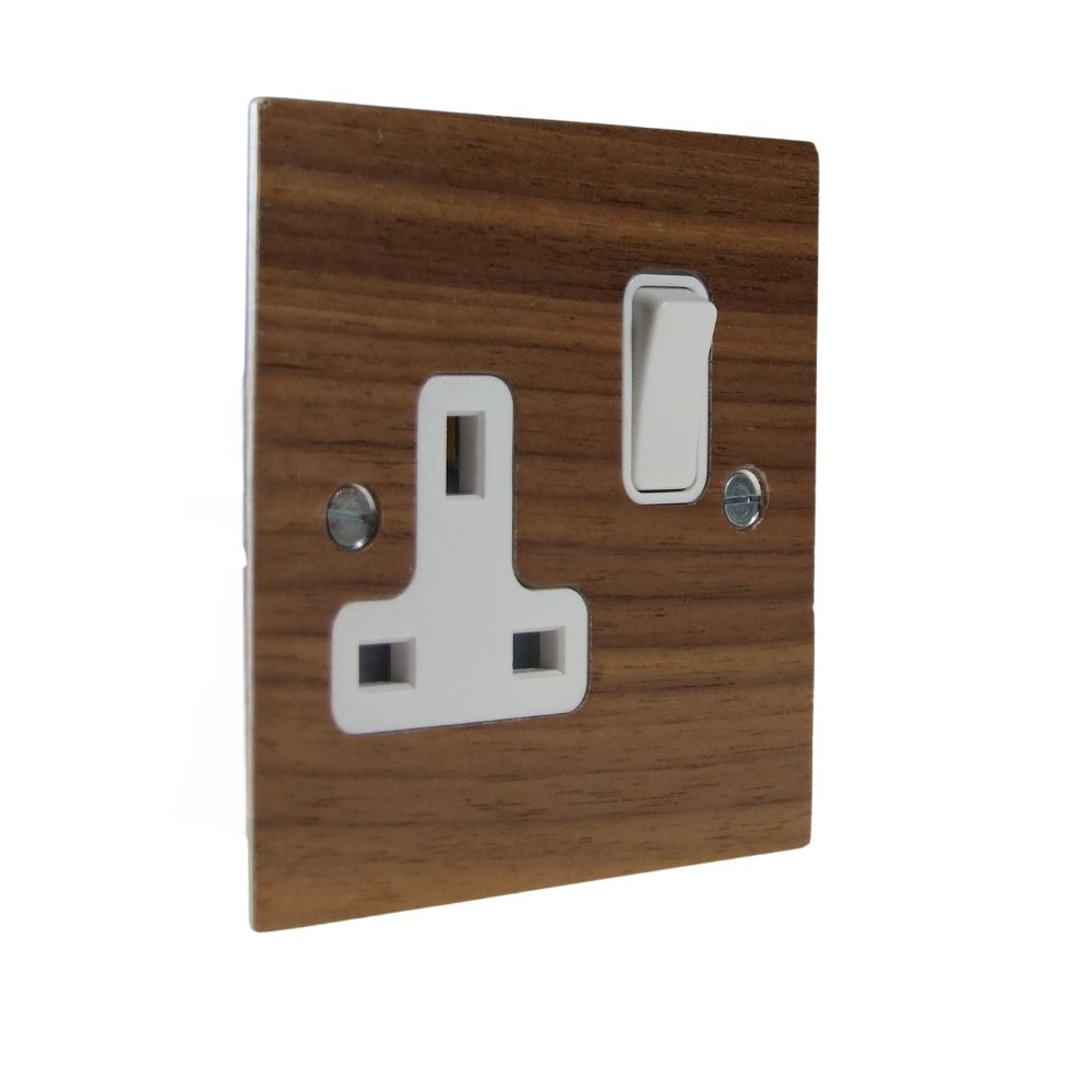 Walnut Veneer Single Switched Socket White