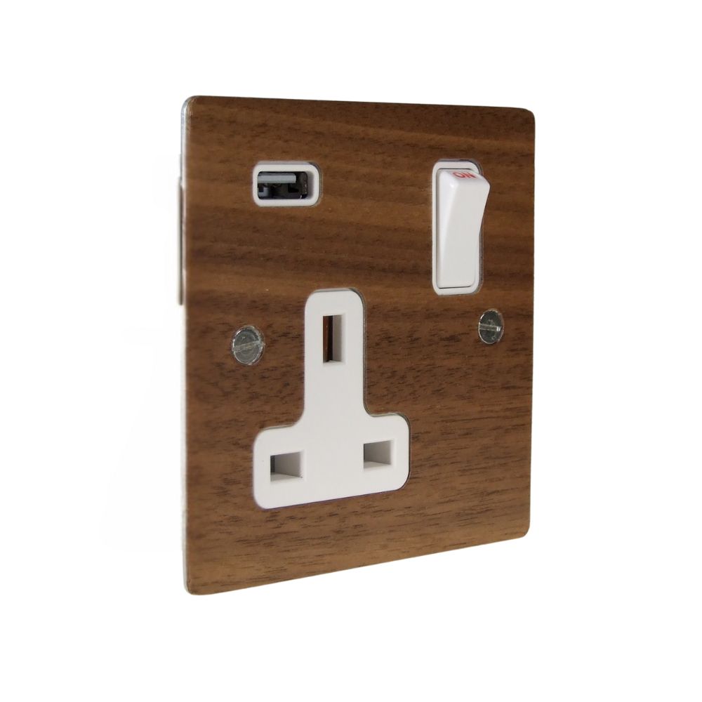 Walnut Veneer Single Switched Socket with USB Black