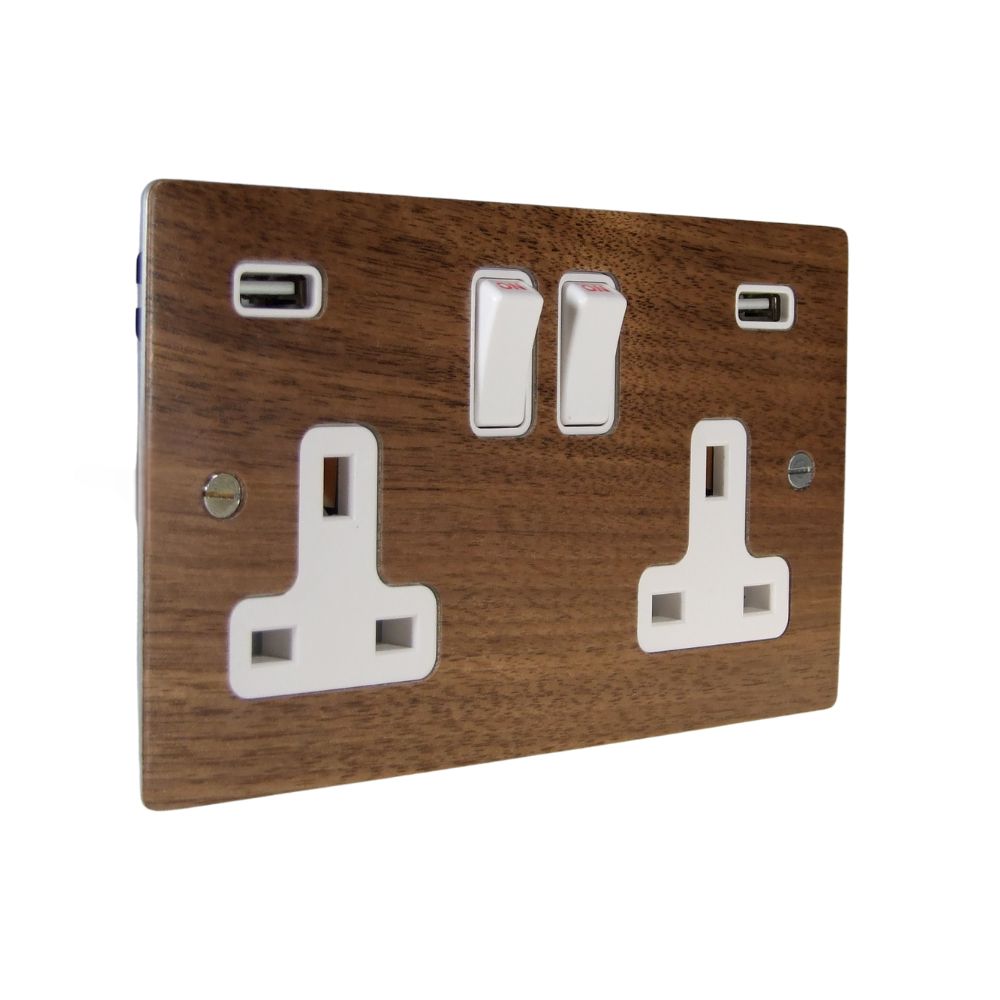 Walnut Veneer Double Switched Socket with USB White