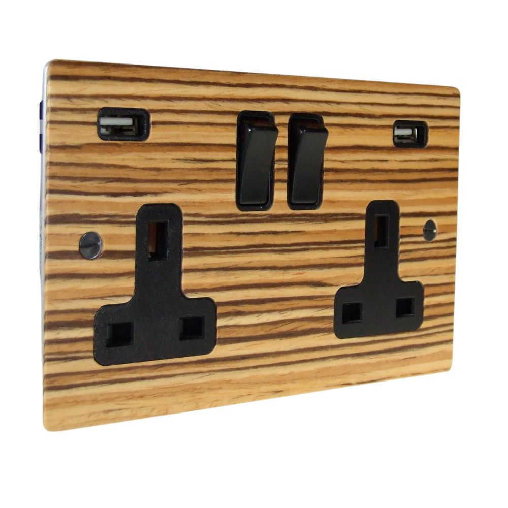 Zebranno Veneer Double Switched Socket with USB Black