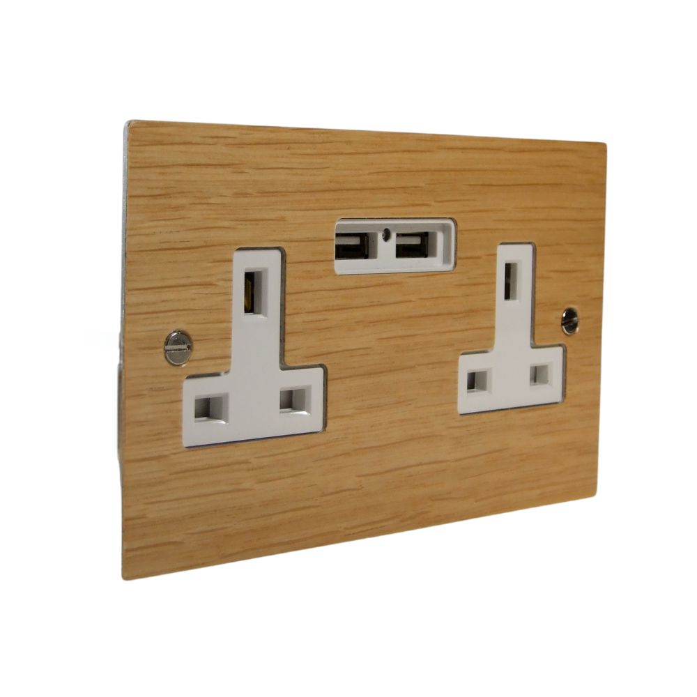 Oak Veneer Unswitched Double Socket with USB White