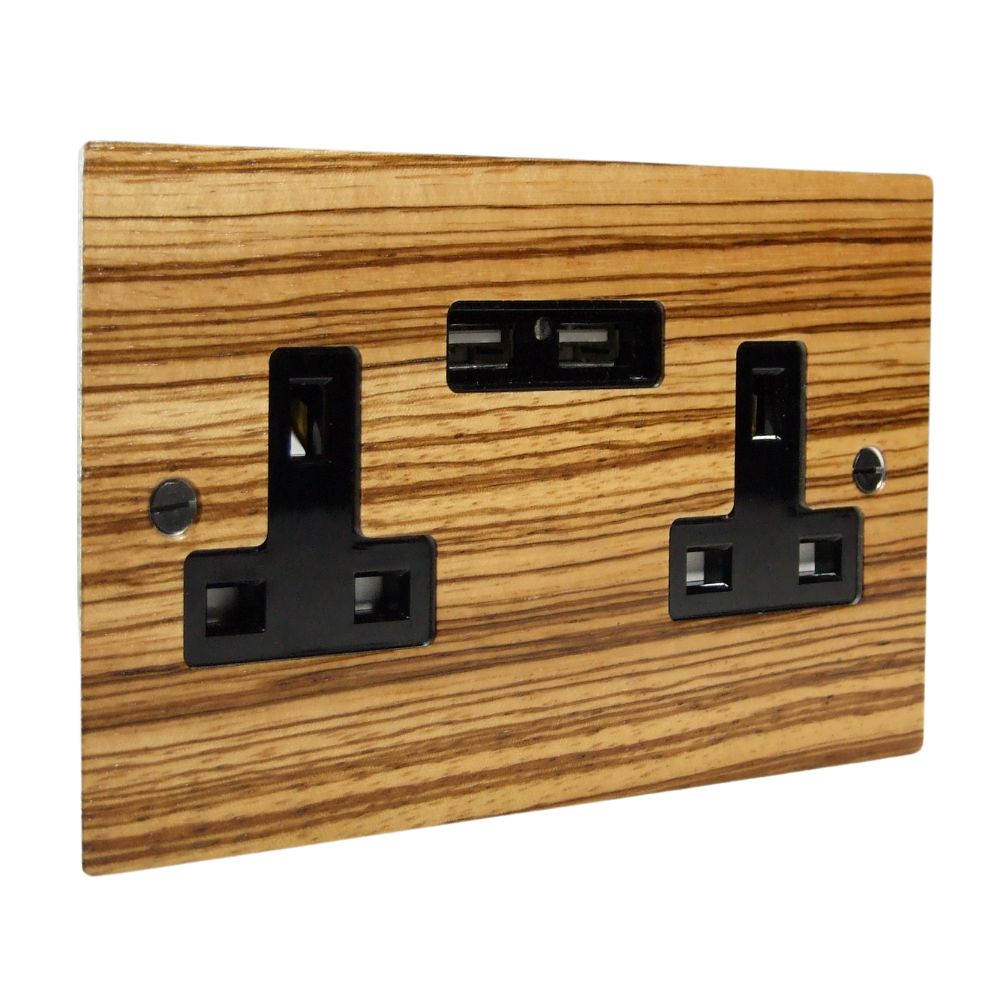 Zebranno Veneer Unswitched Double Socket with USB Black