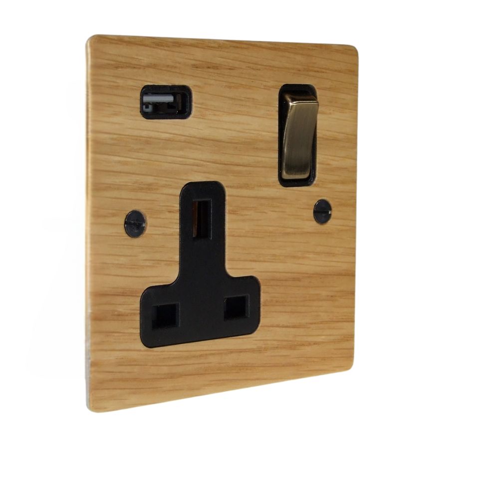 Oak Veneer Single Switched Socket with USB Antique Brass and Black