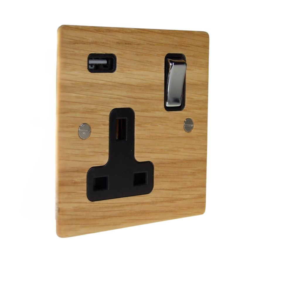 Oak Veneer Single Switched Socket with USB Polished Chrome and Black