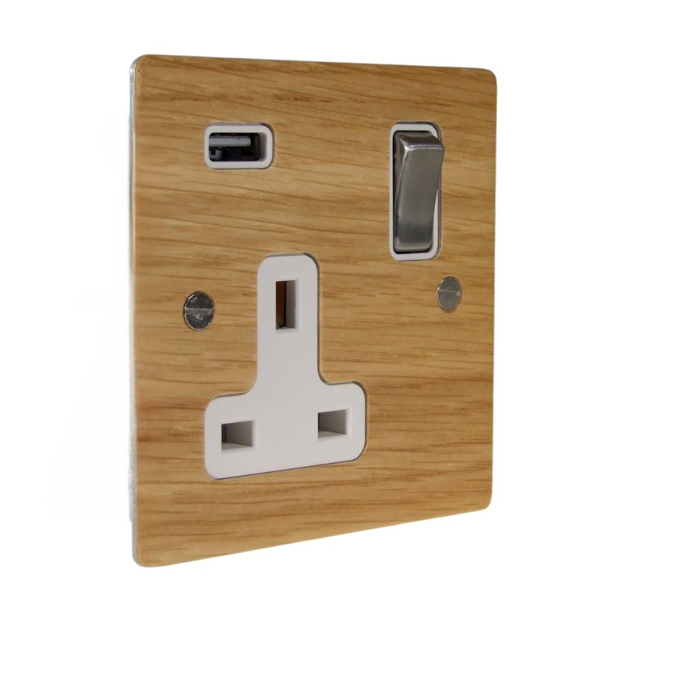 Oak Veneer Single Switched Socket with USB Satin Stainless and White