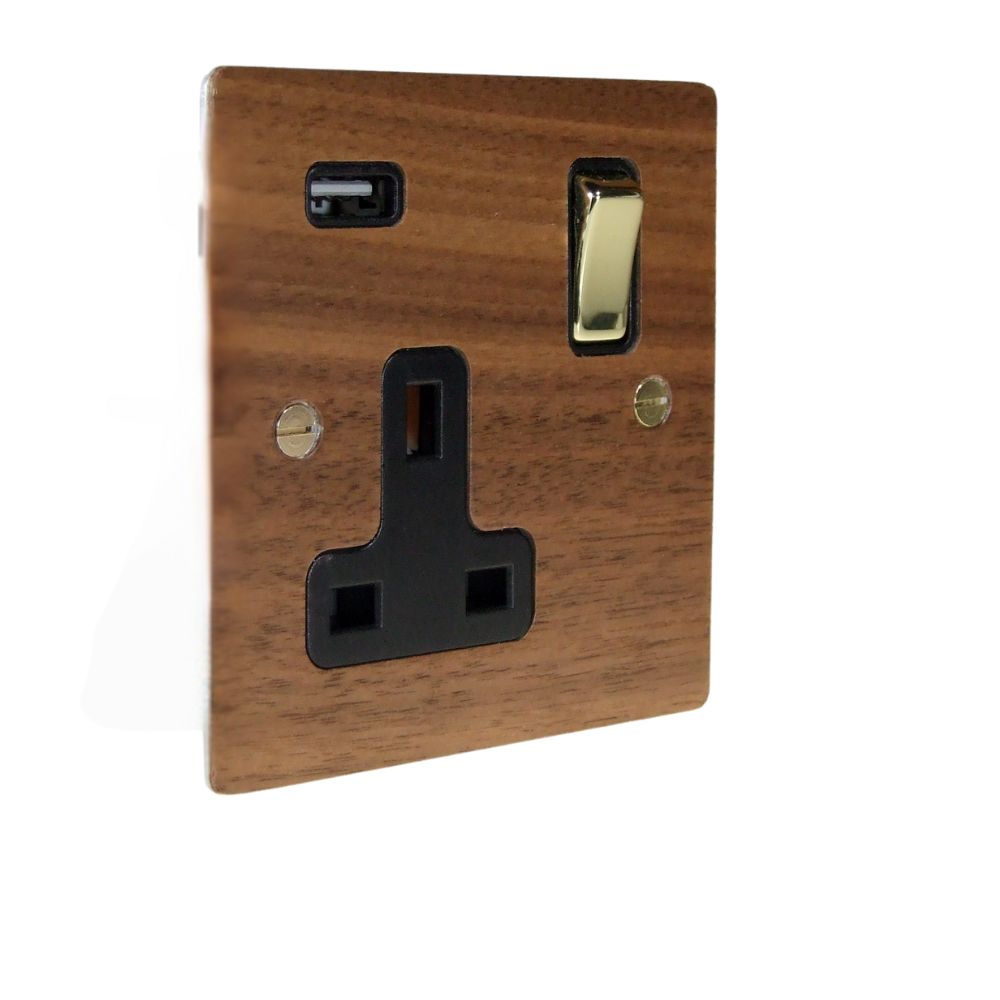 Walnut Veneer Single Switched Socket with USB Polished Brass and Black