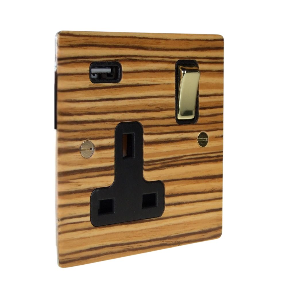 Zebranno Veneer Single Switched Socket with USB Polished Brass and Black