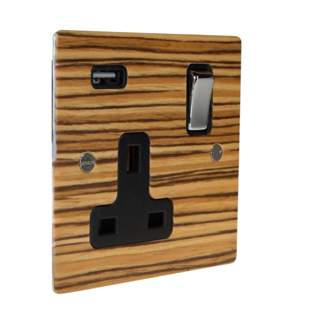 Zebranno Veneer Single Switched Socket with USB Polished Chrome and Black