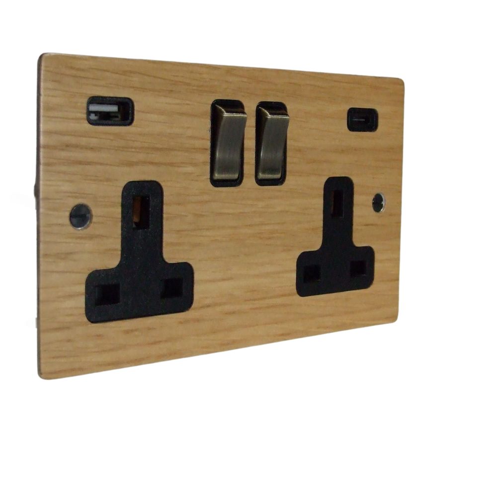 Oak Veneer Double Switched Socket with A+C USB Antique Brass and Black