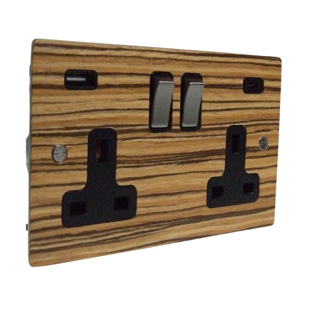 Zebranno Veneer Double Switched Socket with A+C USB Satin Stainless and Black