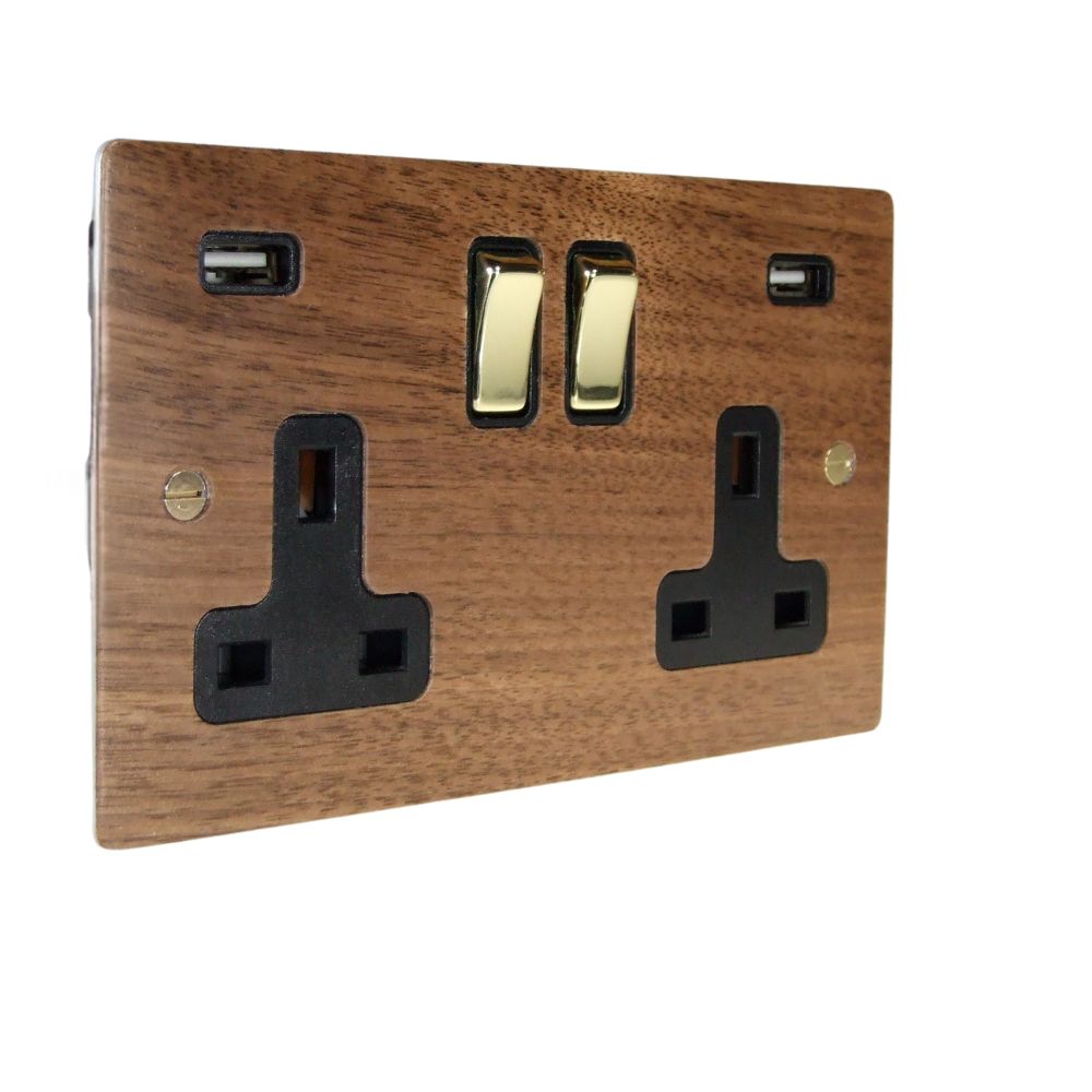 Walnut Veneer Double Switched Socket with USB Polished Brass and Black