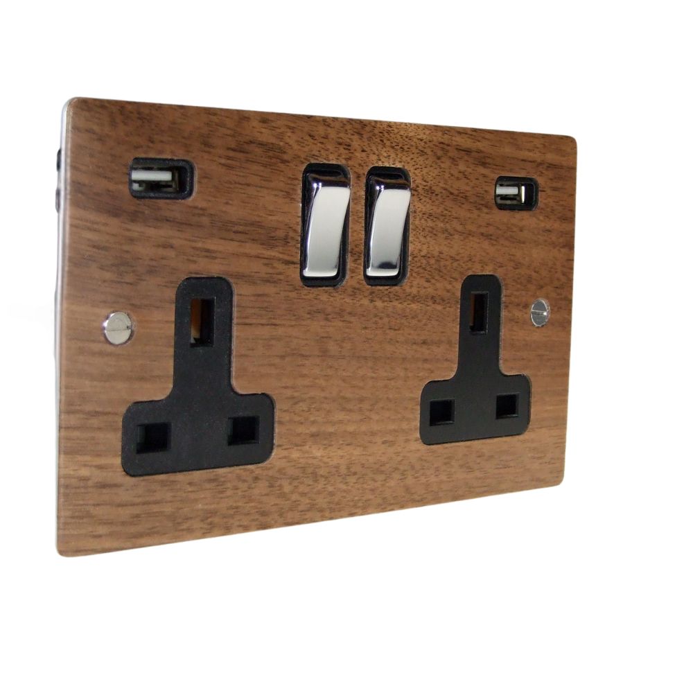 Walnut Veneer Double Switched Socket with USB Polished Chrome and Black
