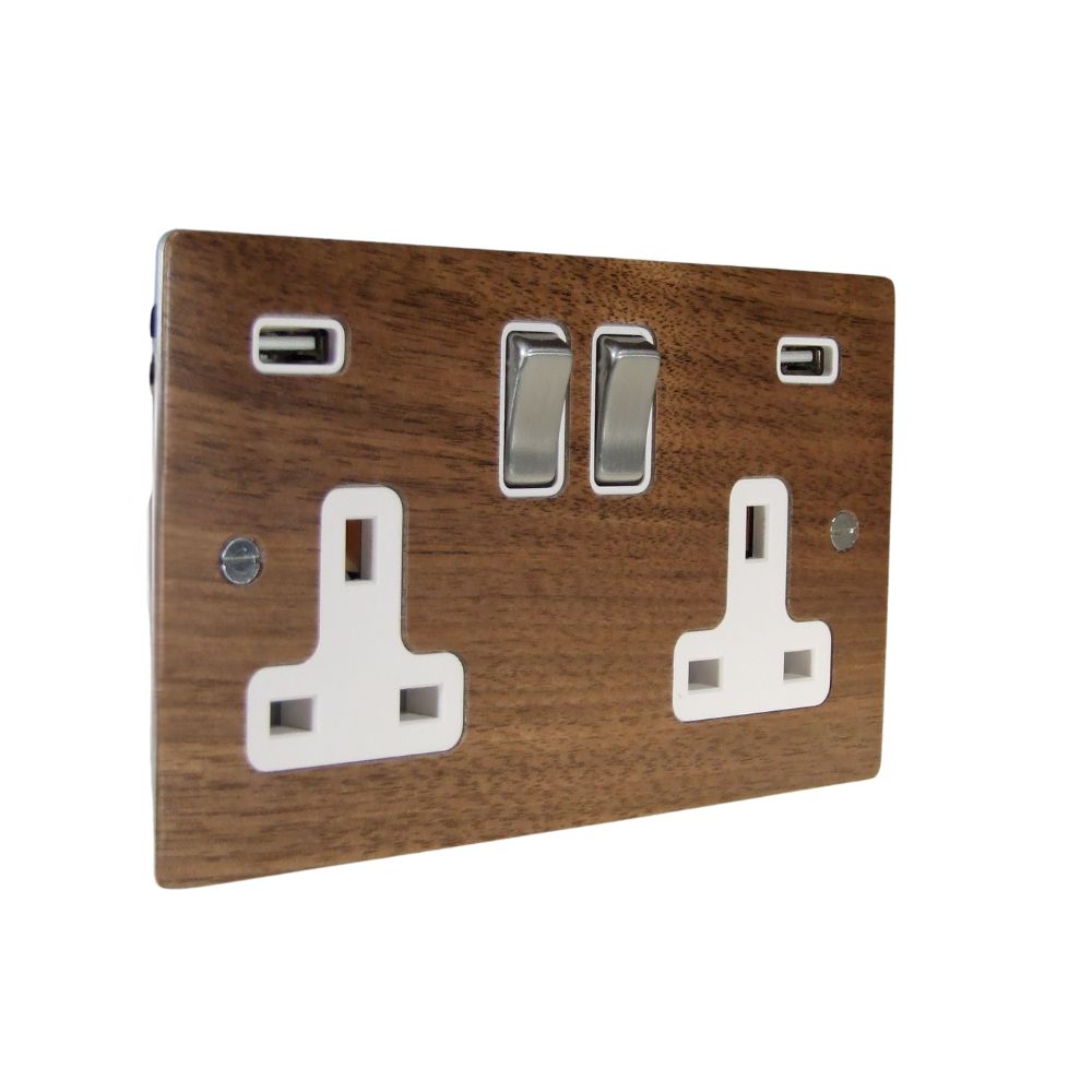 Walnut Veneer Double Switched Socket with USB Satin Stainless and White