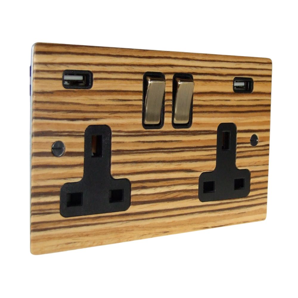 Zebranno Veneer Double Switched Socket with USB Antique Brass and Black