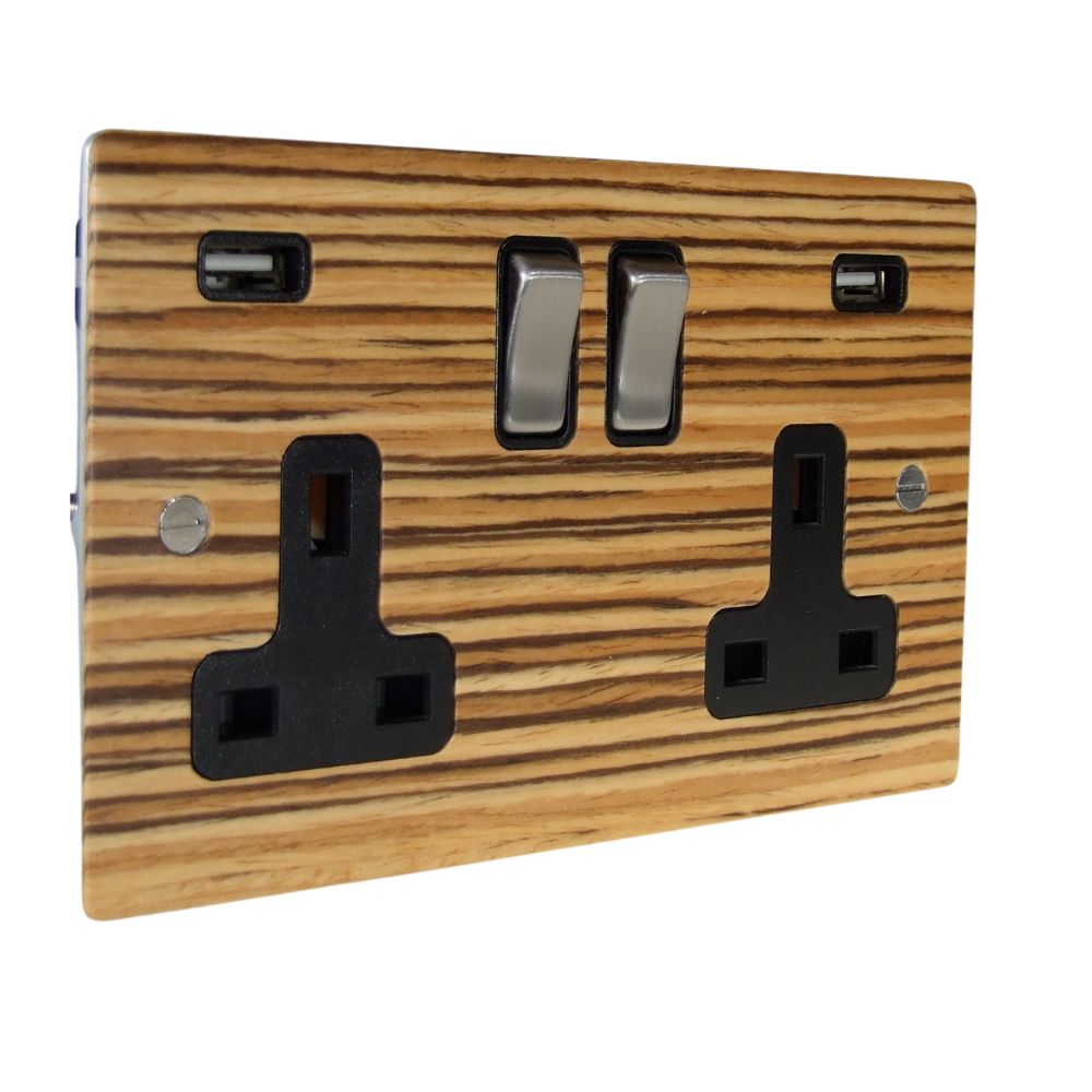 Zebranno Veneer Double Switched Socket with USB Satin Stainless and Black