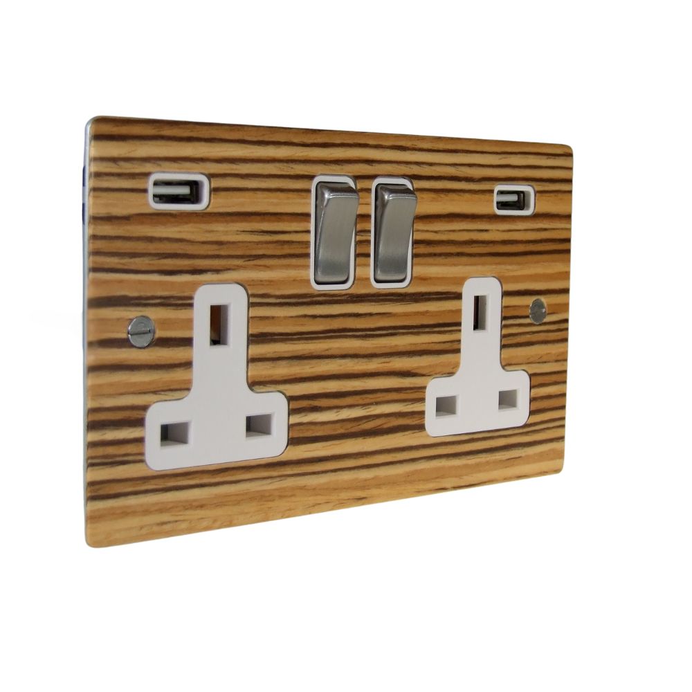 Zebranno Veneer Double Switched Socket with USB Satin Stainless and White