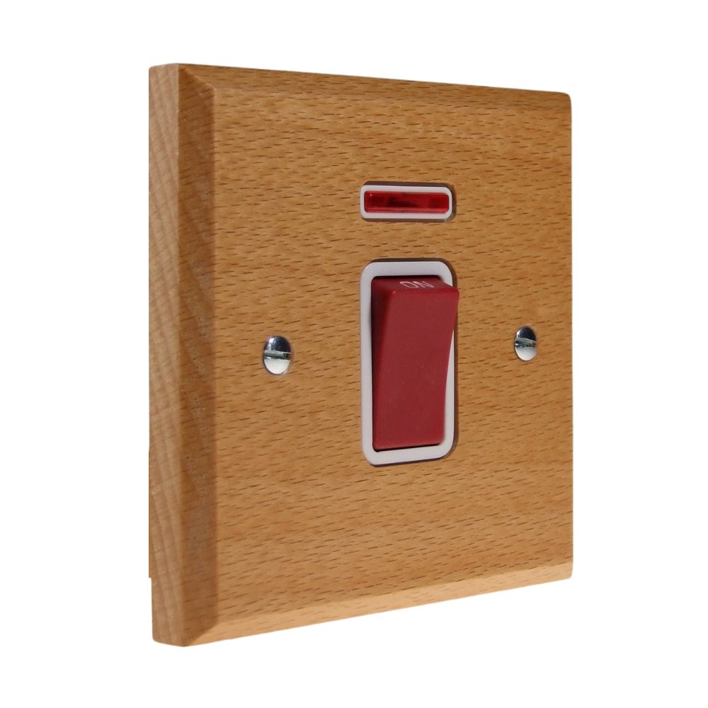 Scandic 45-Amp Double Pole Cooker Switch with Neon on a Single Square Plate in Beech