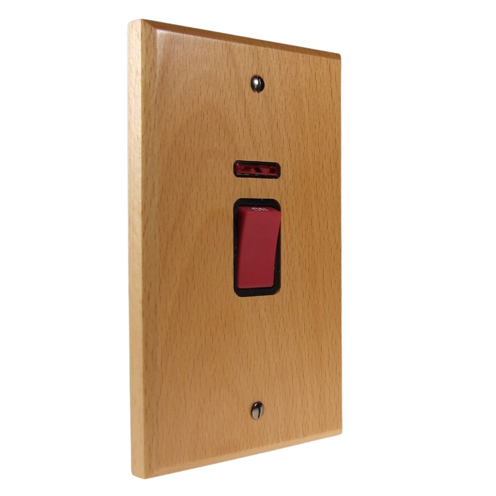 Scandic 45-Amp Double Pole Cooker Switch with Neon on a Single Square Plate in Beech