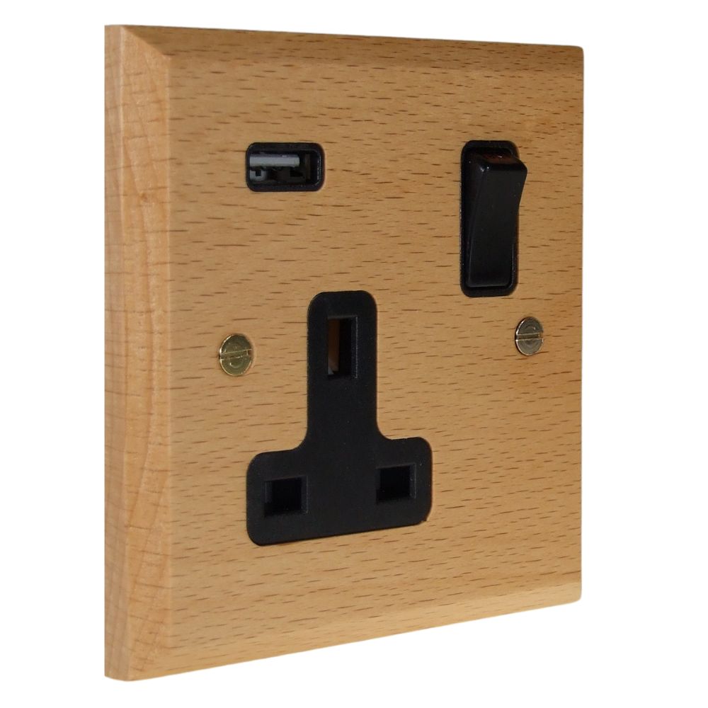 Scandic 1-Gang 13-Amp Switched USB Socket in Beech