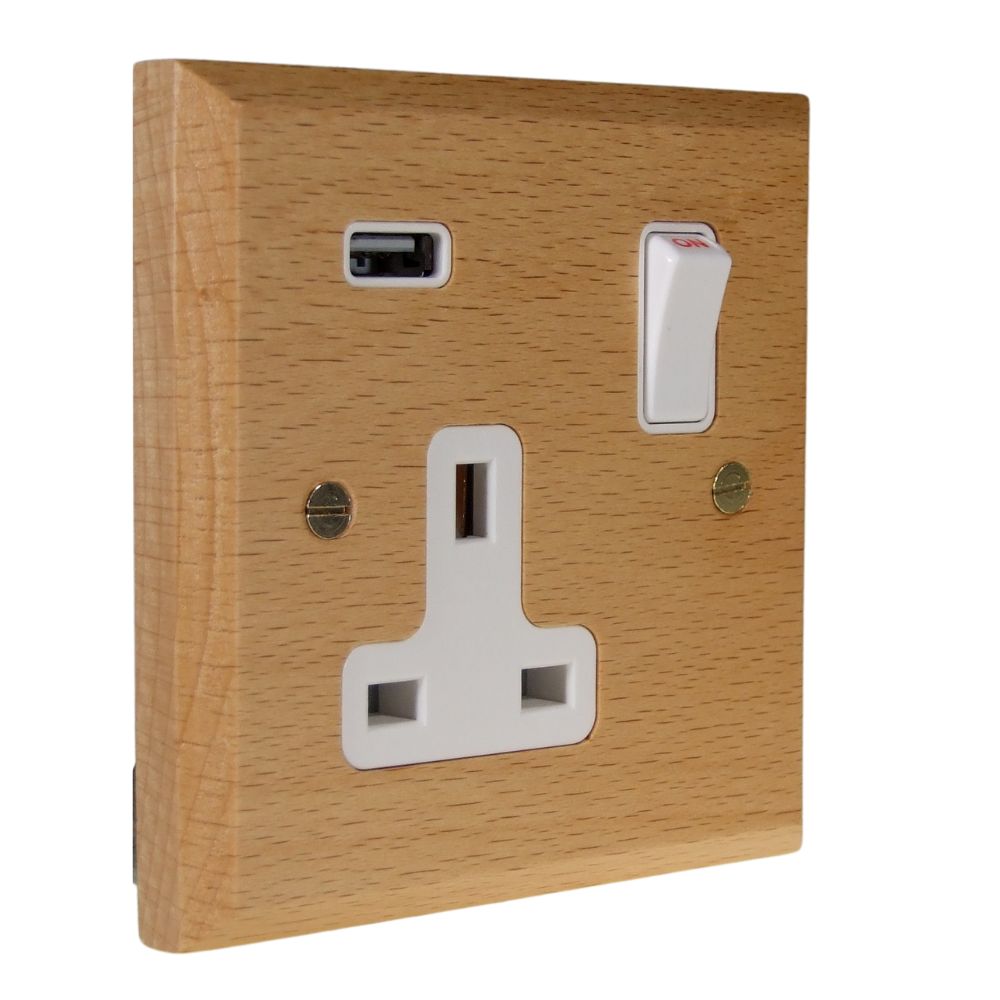 Scandic 1-Gang 13-Amp Switched USB Socket in Beech