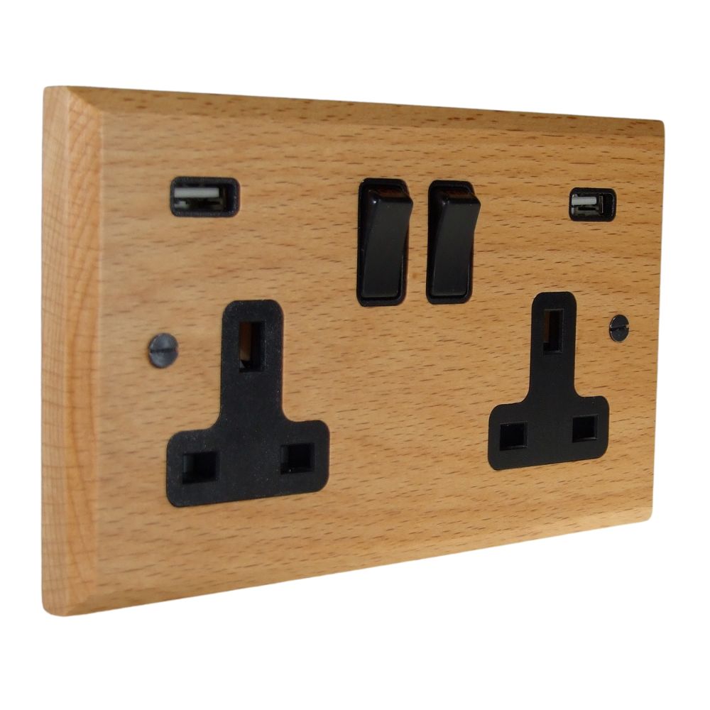 Scandic 2-Gang 13-Amp Switched USB Socket in Beech