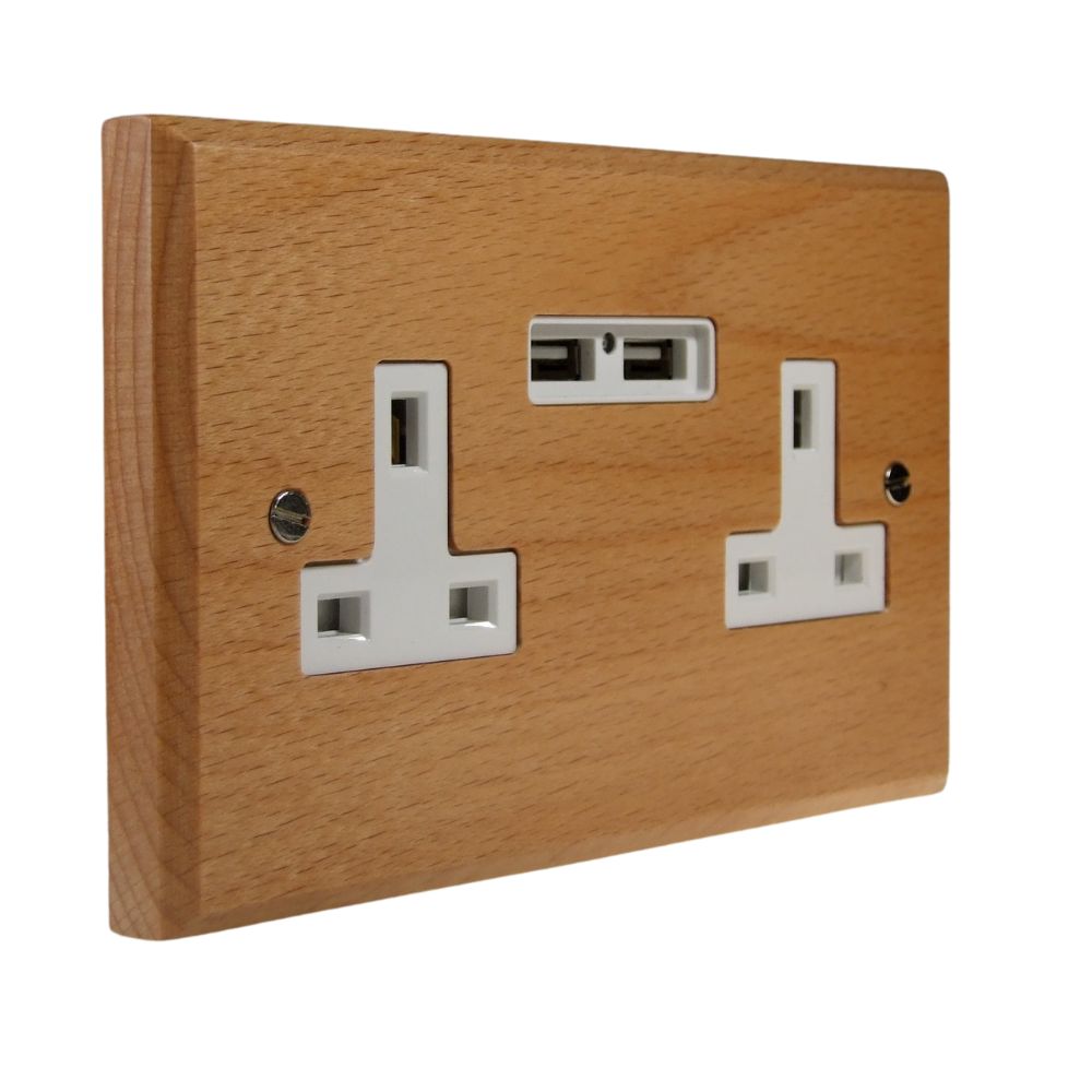 Scandic 2-Gang 13-Amp Unswitched Socket with USB Charging in Beech