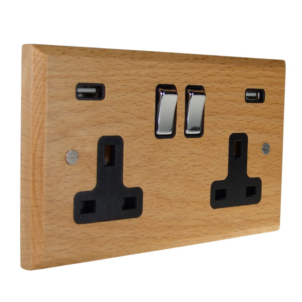 Scandic 2-Gang 13-Amp Switched USB Socket in Beech