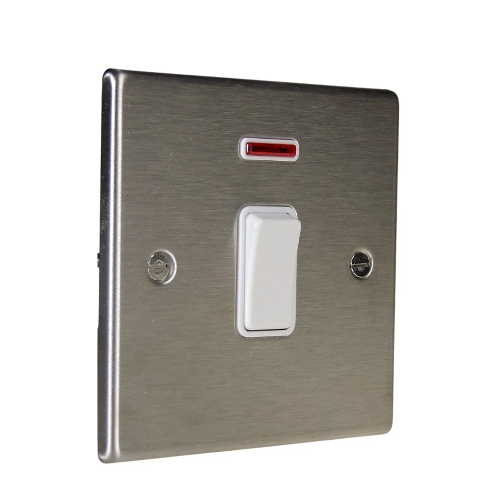 Satin Stainless Raised Metal Plate Double Pole with Neon Light Switch White