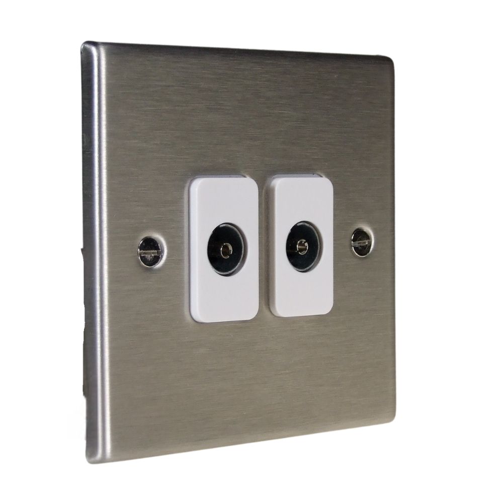 Satin Stainless Metal Raised Plate Double TV Co-axial non isolated Socket White