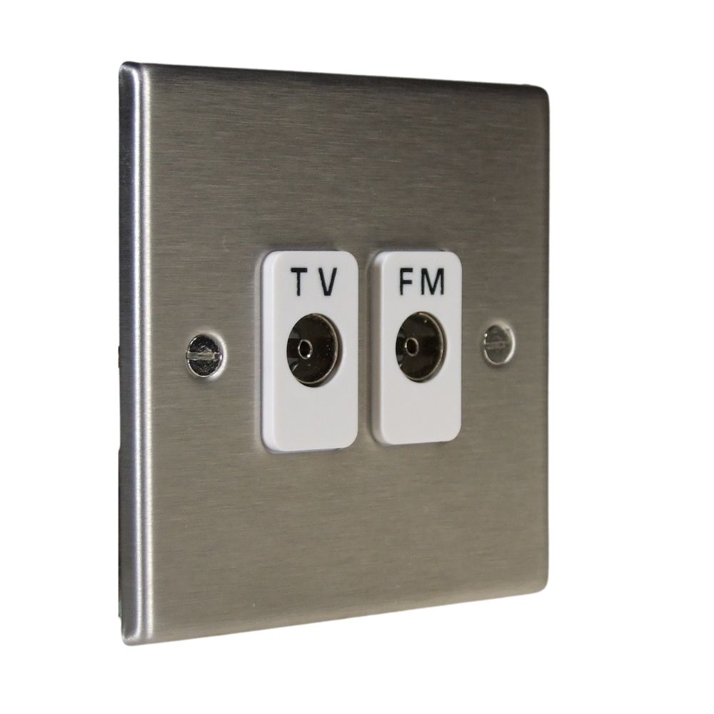 Satin Stainless Metal Raised Plate Double TV Co-Axial TV/FM Isolated Socket White
