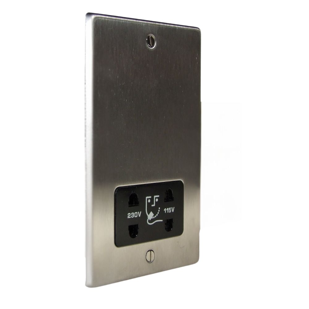 Satin Stainless Metal Raised Plate Dual Voltage Shaver Socket Black