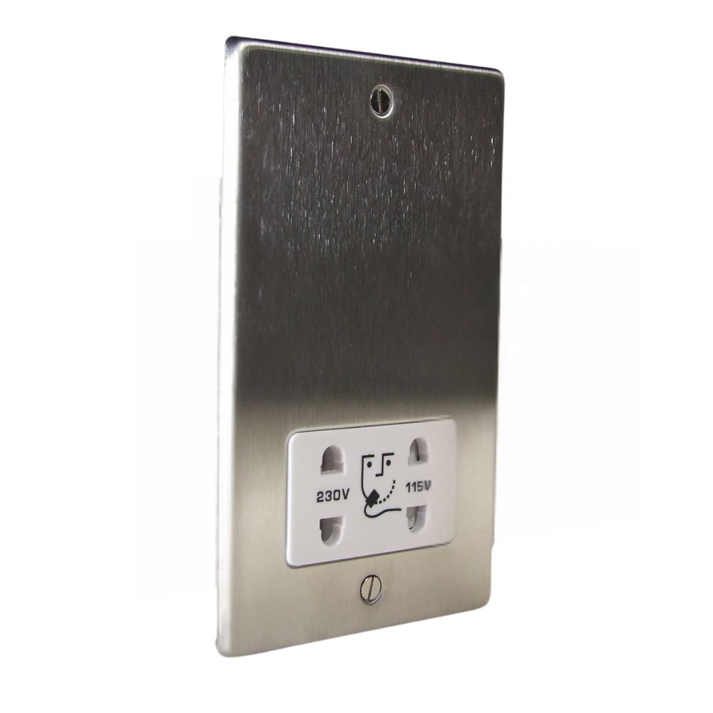 Satin Stainless Metal Raised Plate Dual Voltage Shaver Socket White