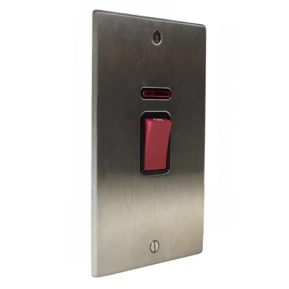 Satin Stainless Raised Metal Plate Double Pole Cooker Switch with Neon on a Vertical Twin Plate Black