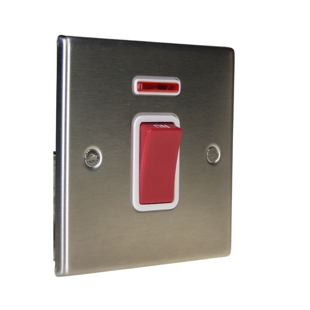 Satin Stainless Raised Metal Plate Double Pole Cooker Switch with Neon on a Single Plate White