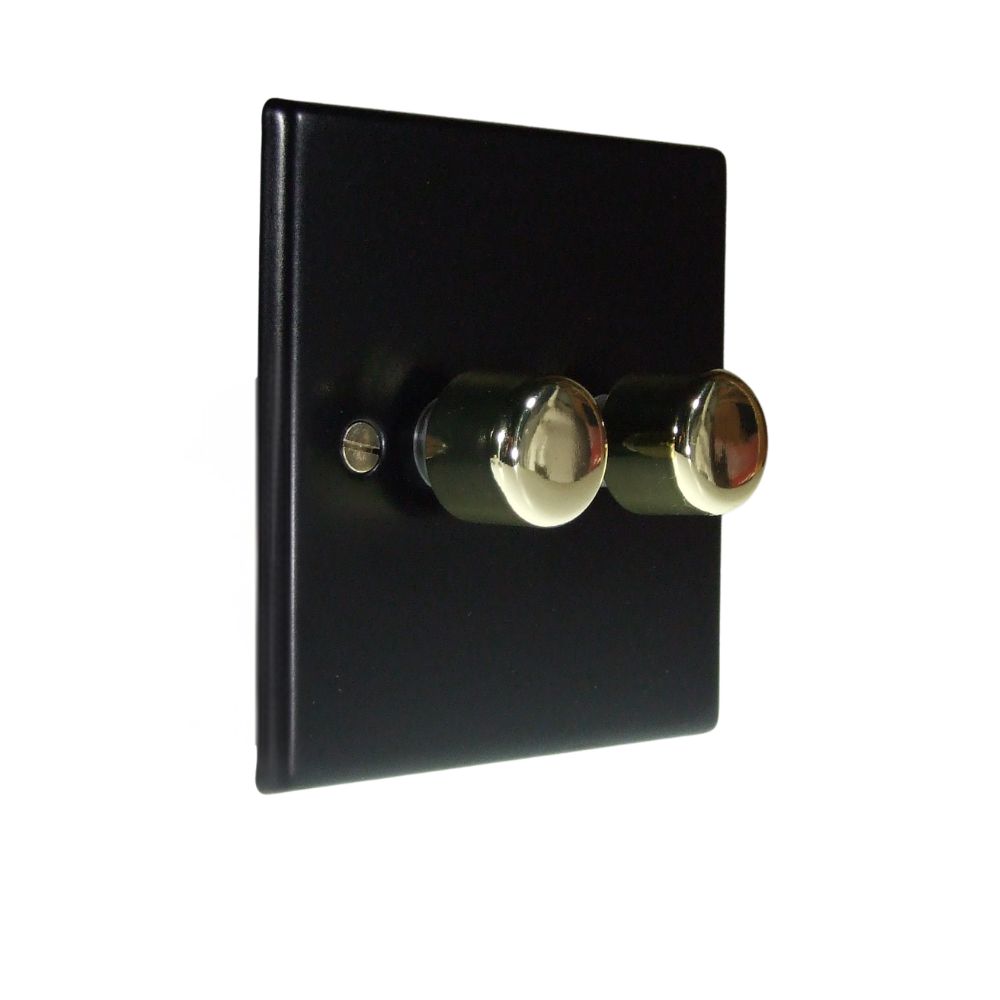 Matt Black Raised Metal Plate Double LED Dimmer Light Switch Polished Brass Caps