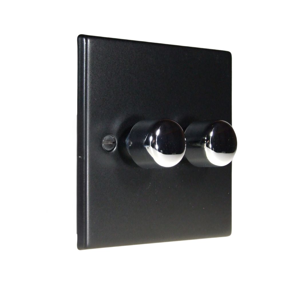 Matt Black Raised Metal Plate Double LED Dimmer Light Switch Polished Chrome Caps