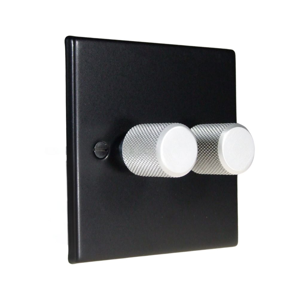 Matt Black Raised Metal Plate Double 400W Dimmer Light Switch Retro Satin Caps