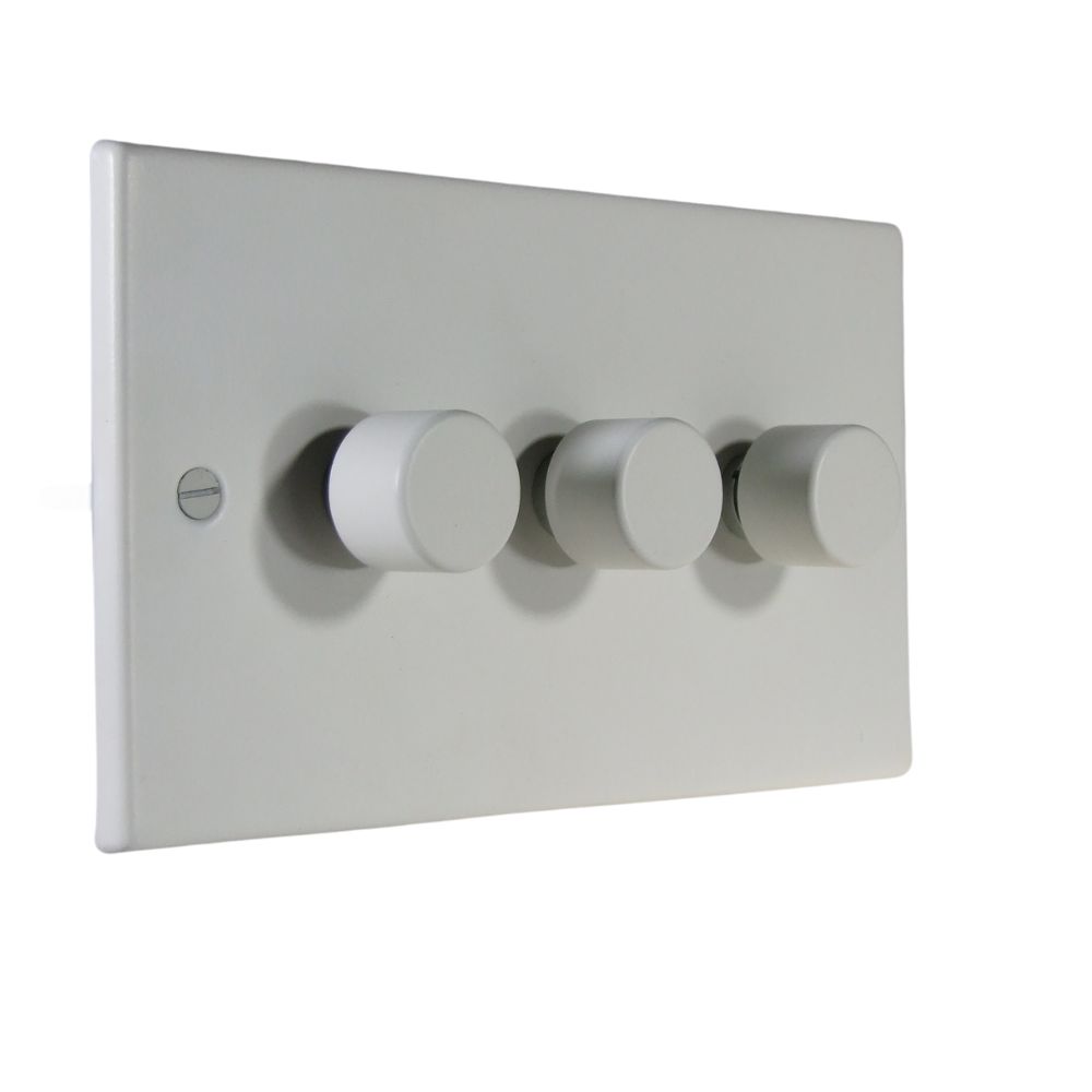Matt White Raised Metal Plate Triple LED Dimmer Light Switch Matching Caps