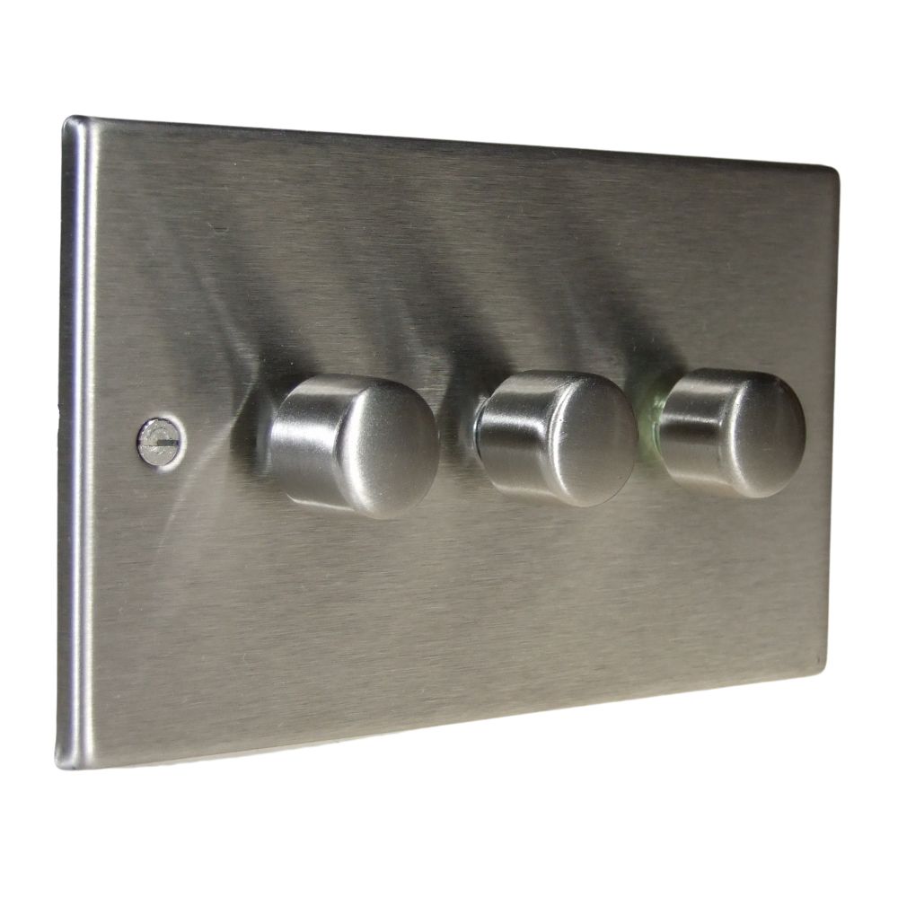 Satin Stainless Raised Metal Plate Triple 250W Dimmer Light Switch Matching Caps