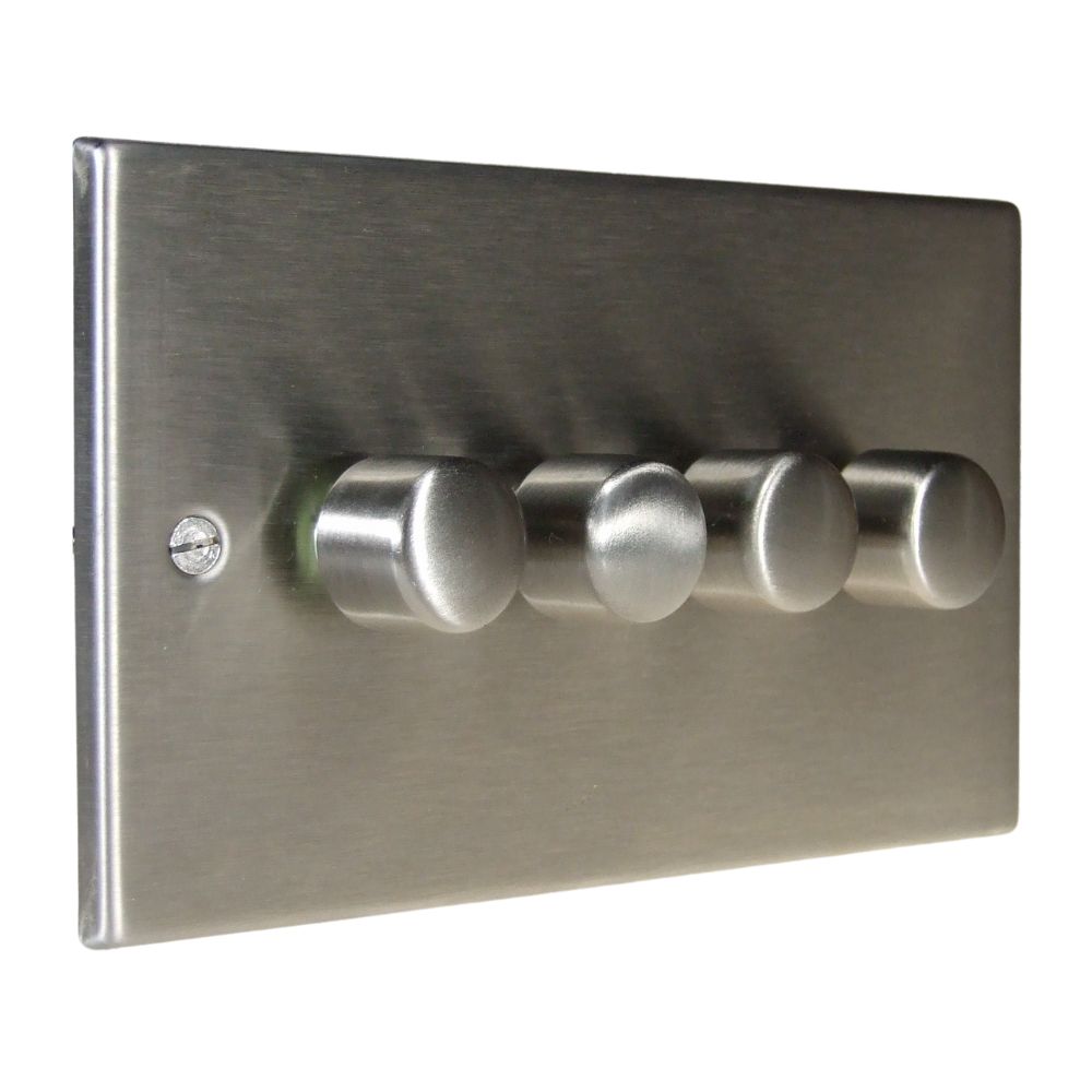 Satin Stainless Raised Metal Plate 4 250W Dimmer Light Switch Matching Caps