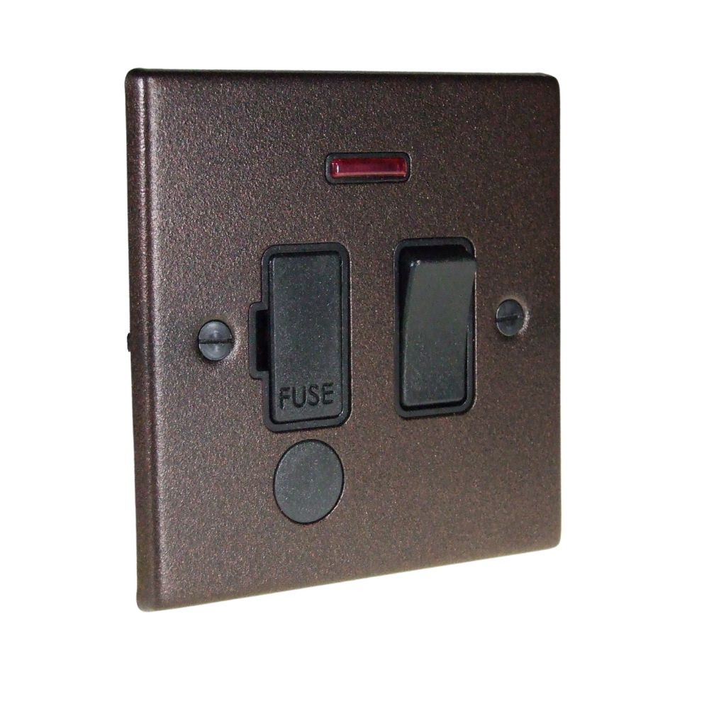 Copper Bronze Raised Metal Plate Switch Fuse Spur with Neon and Cord Outlet Black