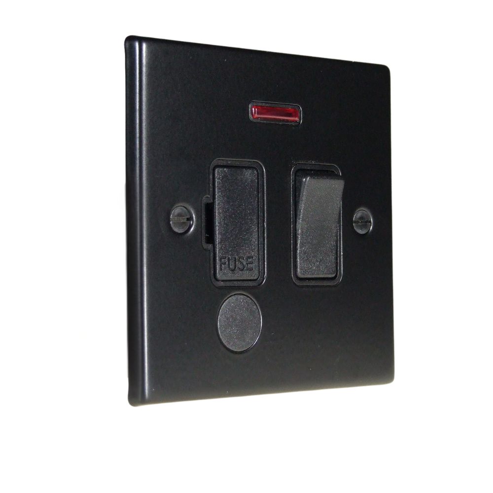 Matt Black Raised Metal Plate Switch Fuse Spur with Neon and Cord Outlet Black