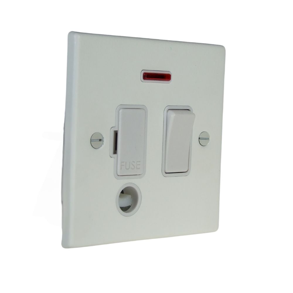 Matt White Raised Metal Plate Switch Fuse Spur with Neon and Cord Outlet White